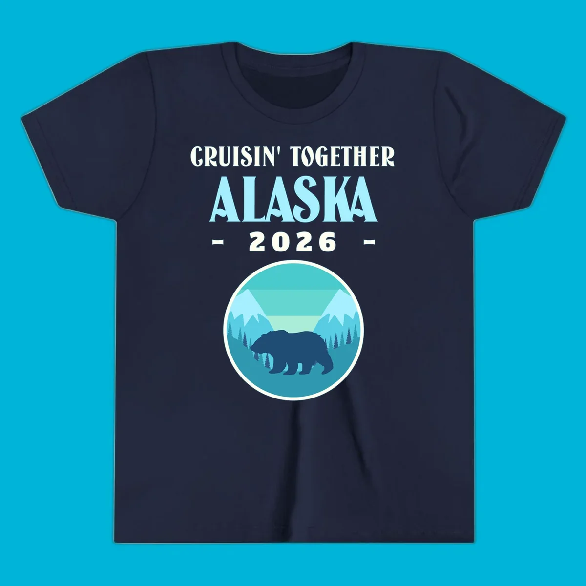 A scenic design for an Alaska 2026 cruise, featuring a dark blue bear silhouette against a light blue and teal mountain landscape.