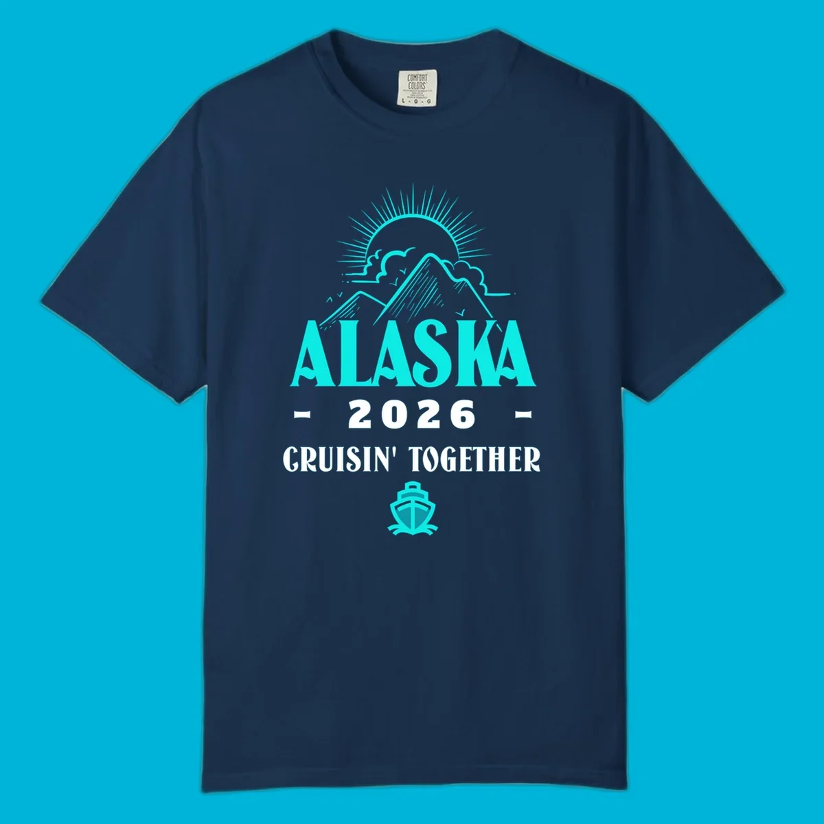 An illustrated design for an Alaska 2026 cruise together, featuring a sun, mountains, and a cruise ship.