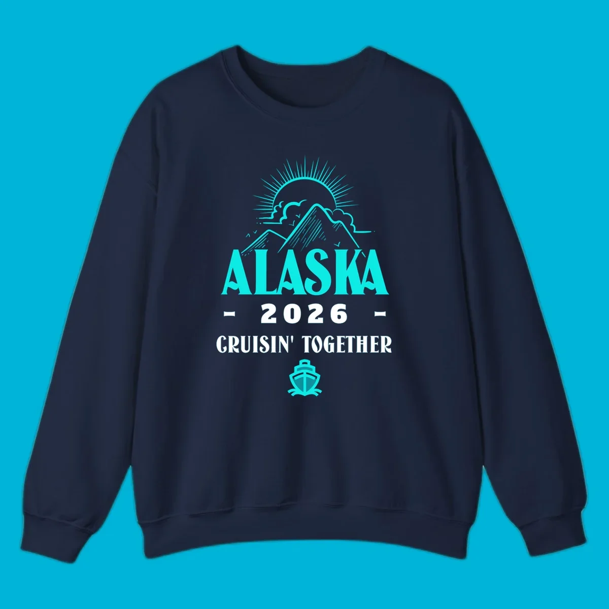 An illustrated design for an Alaska 2026 cruise together, featuring a sun, mountains, and a cruise ship.