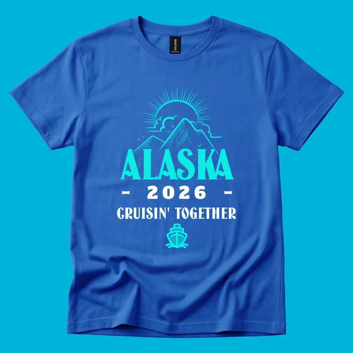 An illustrated design for an Alaska 2026 cruise together, featuring a sun, mountains, and a cruise ship.