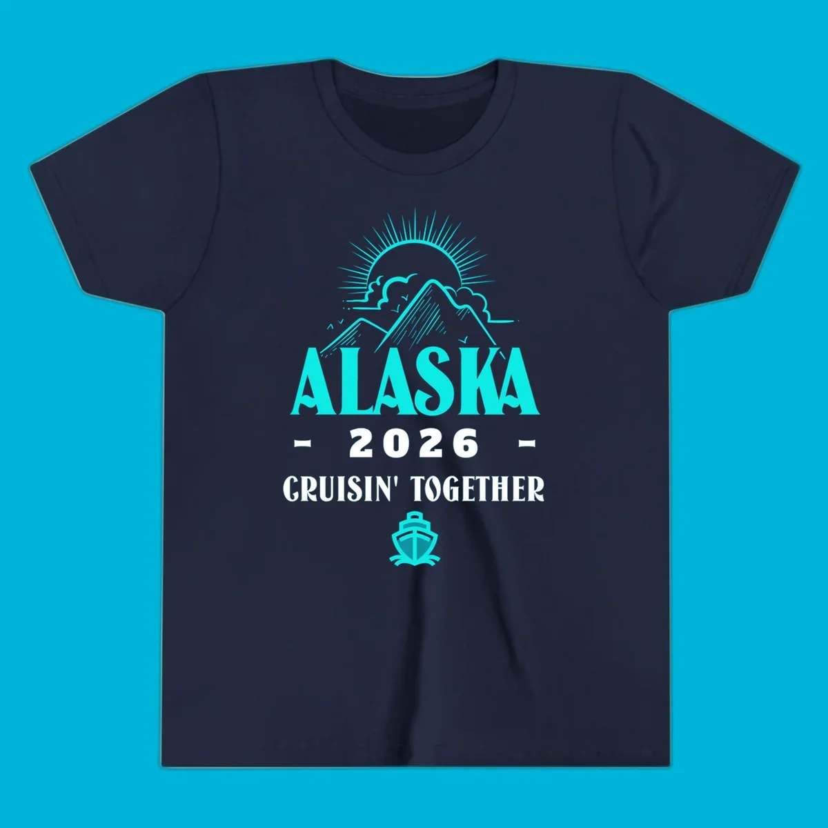 An illustrated design for an Alaska 2026 cruise together, featuring a sun, mountains, and a cruise ship.