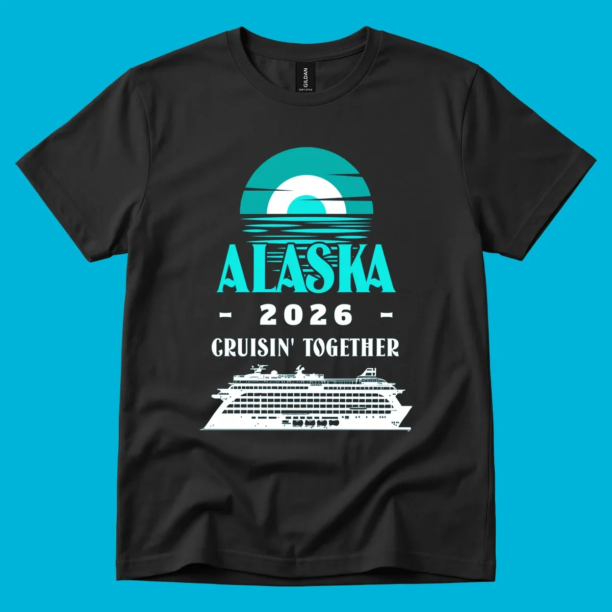 An Alaska cruise design with a sun graphic, "ALASKA 2026 CRUISIN' TOGETHER" text, and a cruise ship. Features the alaska-2026-cruisin-together concept.