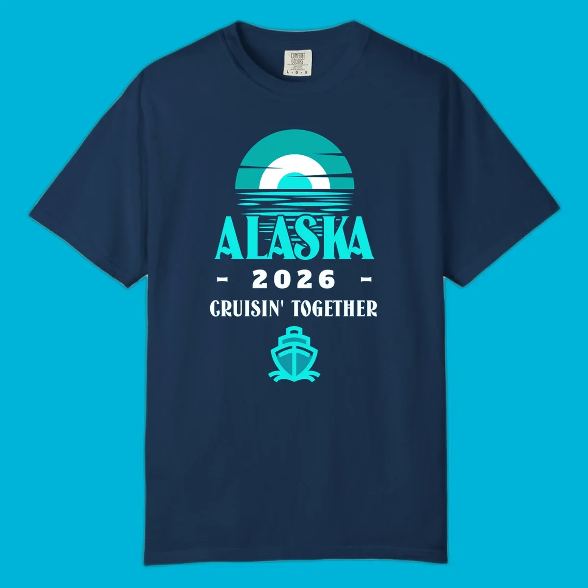 A scenic graphic for an Alaska cruise in 2026, featuring a stylized sun over ocean waves, the text 'ALASKA 2026 CRUISIN' TOGETHER', and a cruise ship icon.