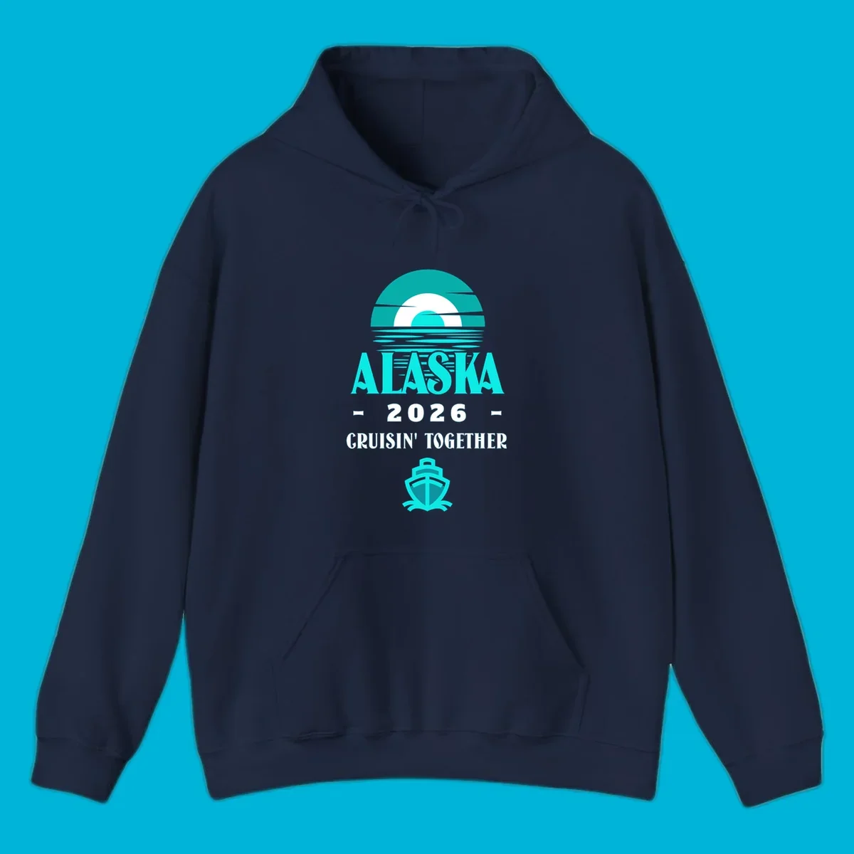 A scenic graphic for an Alaska cruise in 2026, featuring a stylized sun over ocean waves, the text 'ALASKA 2026 CRUISIN' TOGETHER', and a cruise ship icon.