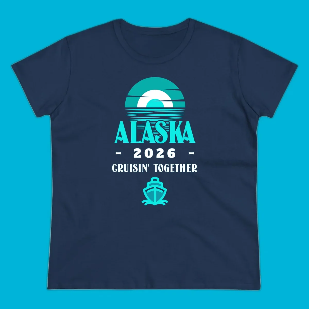 A scenic graphic for an Alaska cruise in 2026, featuring a stylized sun over ocean waves, the text 'ALASKA 2026 CRUISIN' TOGETHER', and a cruise ship icon.