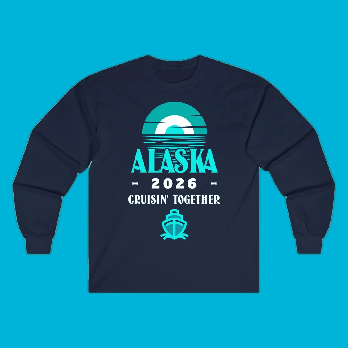A scenic graphic for an Alaska cruise in 2026, featuring a stylized sun over ocean waves, the text 'ALASKA 2026 CRUISIN' TOGETHER', and a cruise ship icon.