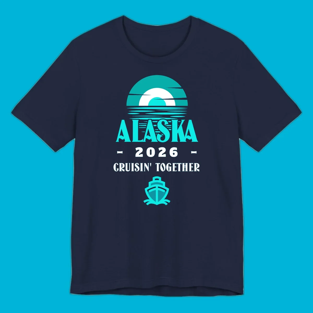 A scenic graphic for an Alaska cruise in 2026, featuring a stylized sun over ocean waves, the text 'ALASKA 2026 CRUISIN' TOGETHER', and a cruise ship icon.
