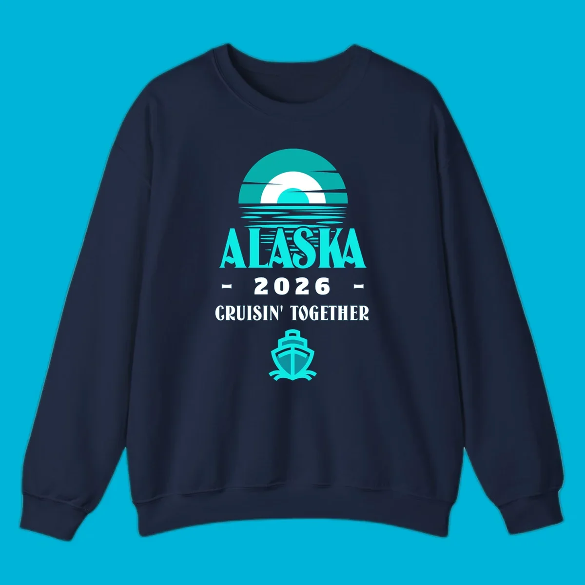 A scenic graphic for an Alaska cruise in 2026, featuring a stylized sun over ocean waves, the text 'ALASKA 2026 CRUISIN' TOGETHER', and a cruise ship icon.
