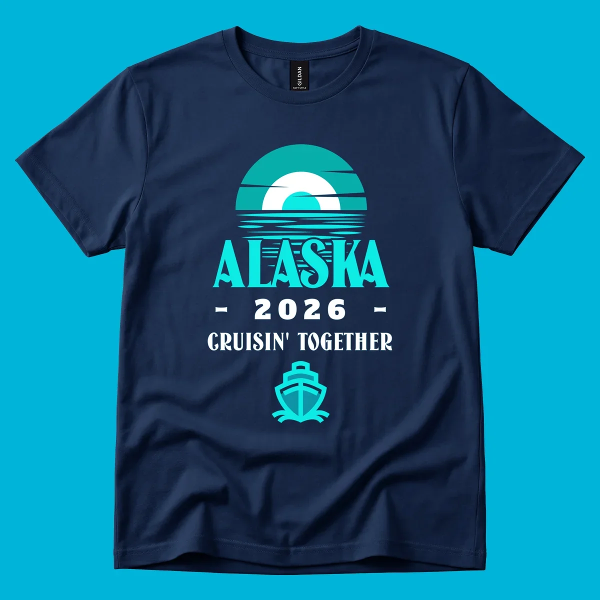 A scenic graphic for an Alaska cruise in 2026, featuring a stylized sun over ocean waves, the text 'ALASKA 2026 CRUISIN' TOGETHER', and a cruise ship icon.