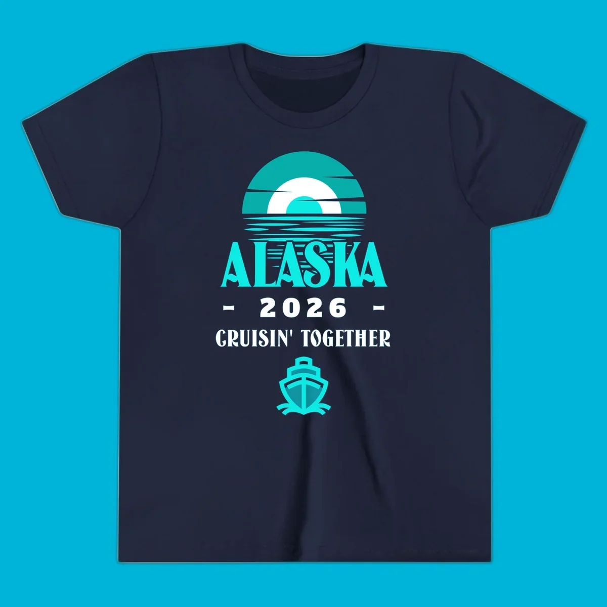 A scenic graphic for an Alaska cruise in 2026, featuring a stylized sun over ocean waves, the text 'ALASKA 2026 CRUISIN' TOGETHER', and a cruise ship icon.