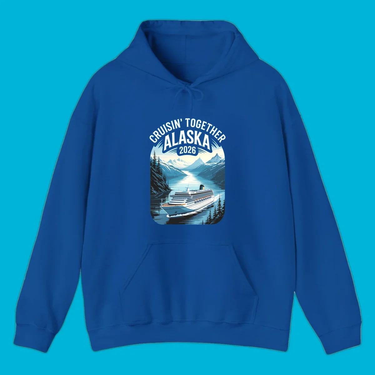 An illustrated cruise ship sails through an Alaskan fjord with mountains and trees, featuring "CRUISIN' TOGETHER ALASKA 2026".