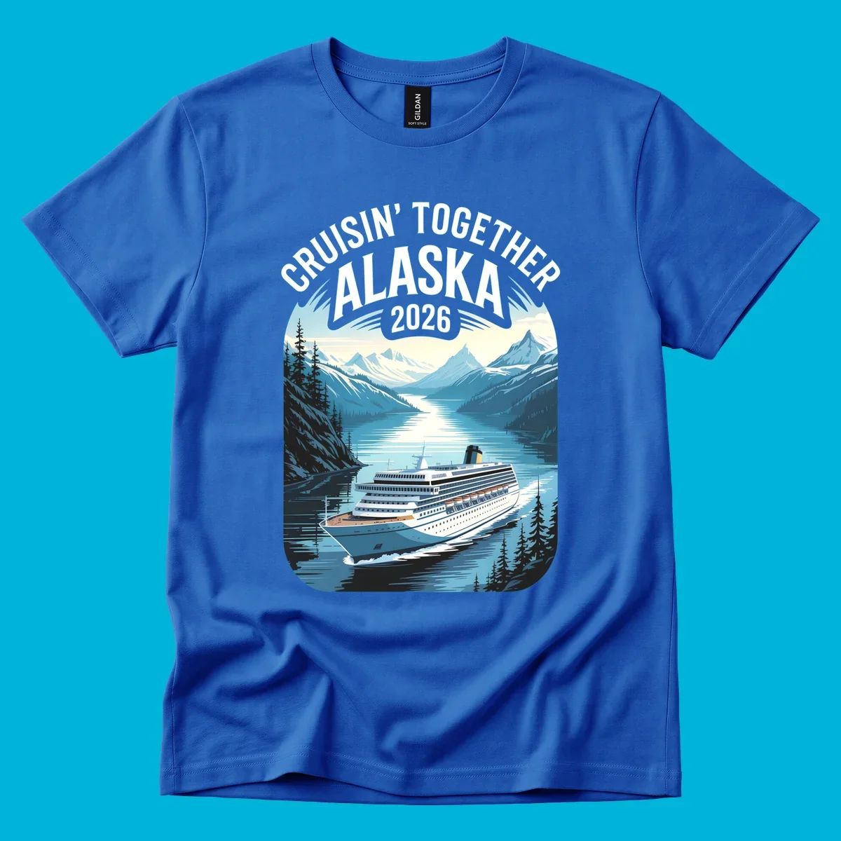 An illustrated cruise ship sails through an Alaskan fjord with mountains and trees, featuring "CRUISIN' TOGETHER ALASKA 2026".