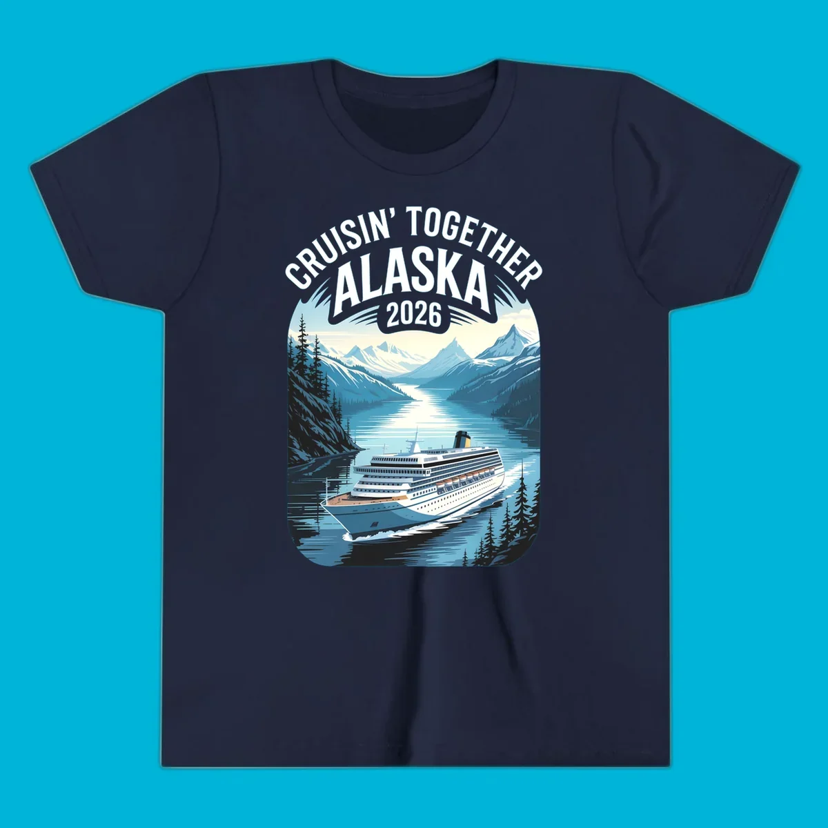 An illustrated cruise ship sails through an Alaskan fjord with mountains and trees, featuring "CRUISIN' TOGETHER ALASKA 2026".