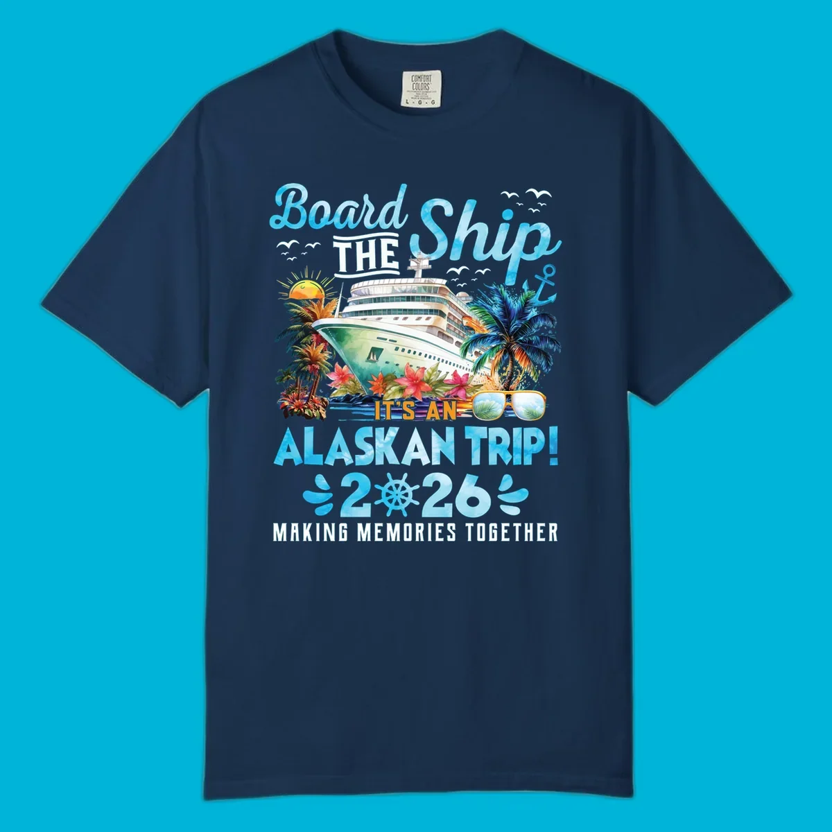 A cruise ship sails past tropical islands with palm trees and flowers, announcing an Alaskan trip in 2026. This alaskan-trip-2026-cruise design includes text and a ship's wheel.