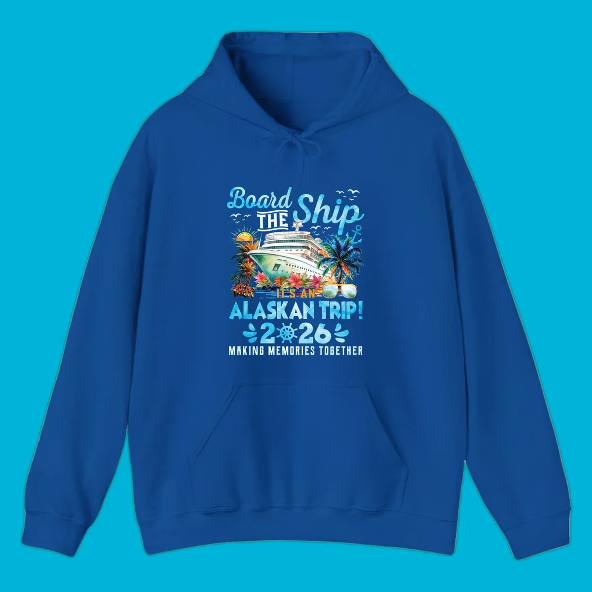 A cruise ship sails past tropical islands with palm trees and flowers, announcing an Alaskan trip in 2026. This alaskan-trip-2026-cruise design includes text and a ship's wheel.