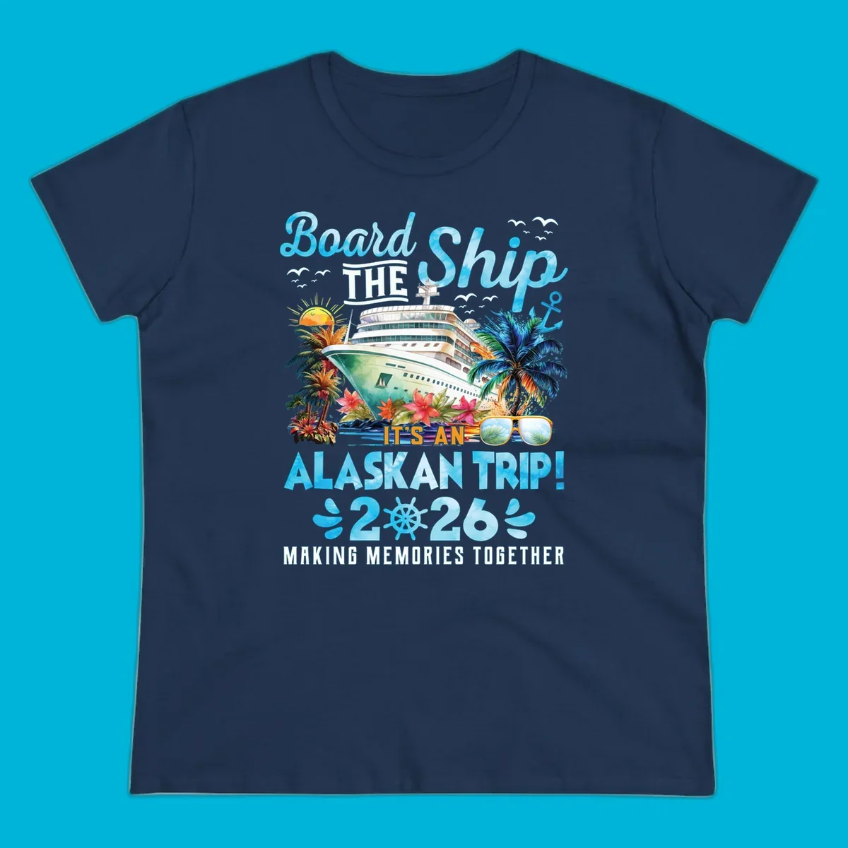 A cruise ship sails past tropical islands with palm trees and flowers, announcing an Alaskan trip in 2026. This alaskan-trip-2026-cruise design includes text and a ship's wheel.