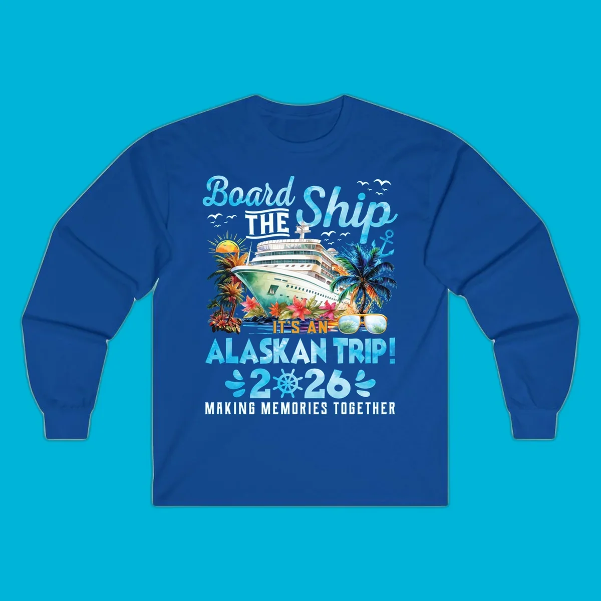A cruise ship sails past tropical islands with palm trees and flowers, announcing an Alaskan trip in 2026. This alaskan-trip-2026-cruise design includes text and a ship's wheel.