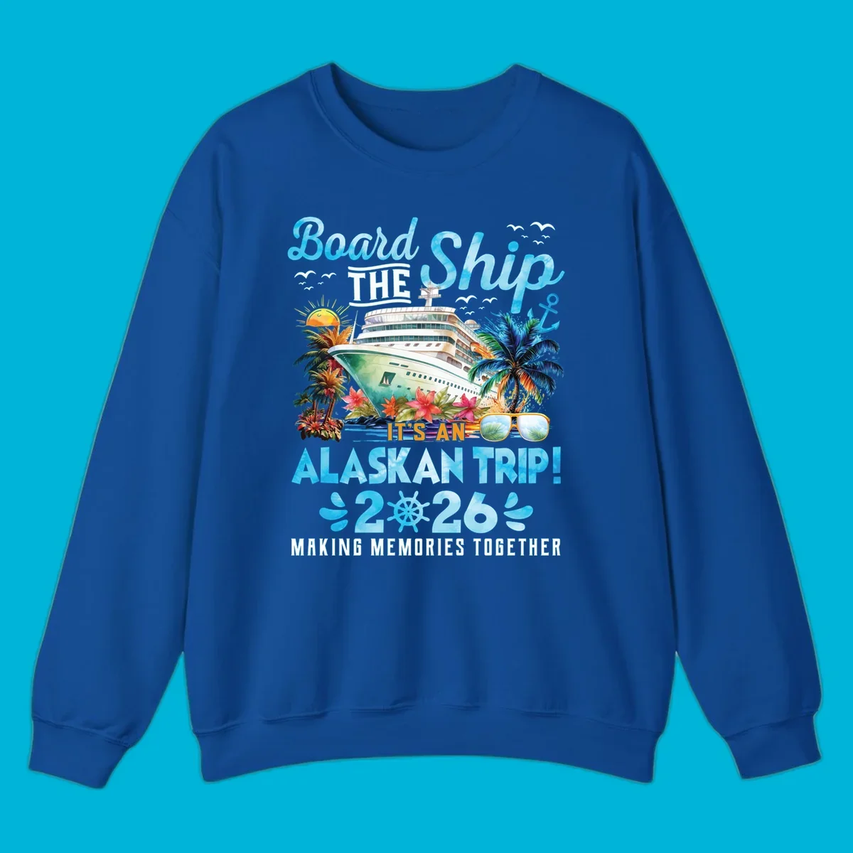 A cruise ship sails past tropical islands with palm trees and flowers, announcing an Alaskan trip in 2026. This alaskan-trip-2026-cruise design includes text and a ship's wheel.