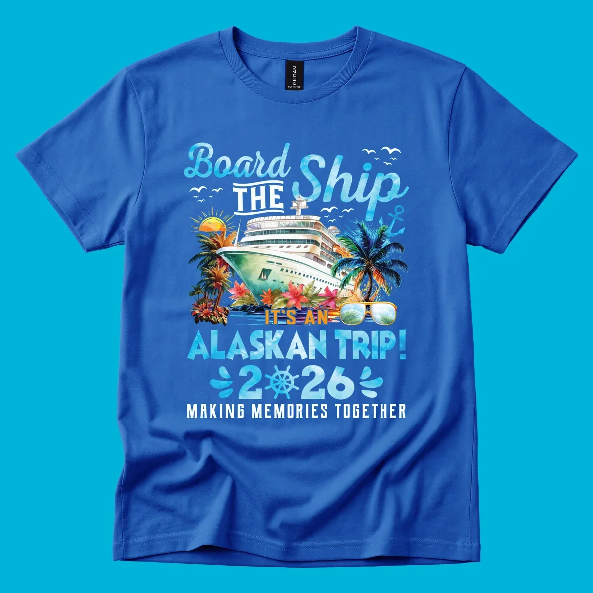 A cruise ship sails past tropical islands with palm trees and flowers, announcing an Alaskan trip in 2026. This alaskan-trip-2026-cruise design includes text and a ship's wheel.