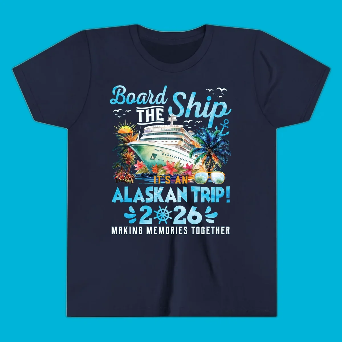 A cruise ship sails past tropical islands with palm trees and flowers, announcing an Alaskan trip in 2026. This alaskan-trip-2026-cruise design includes text and a ship's wheel.