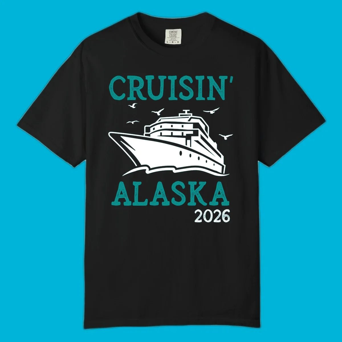 An illustrated cruise ship on ocean waves with seagulls and 'Cruisin' Alaska 2026' text, for a cruisin-alaska-2026-ship souvenir.