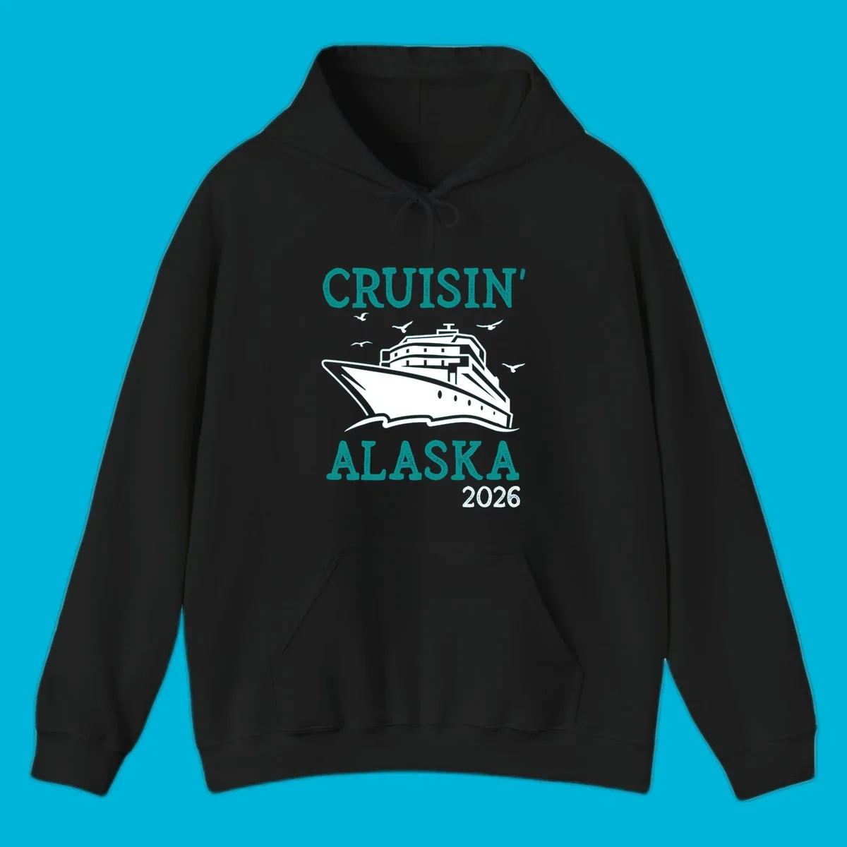 An illustrated cruise ship on ocean waves with seagulls and 'Cruisin' Alaska 2026' text, for a cruisin-alaska-2026-ship souvenir.