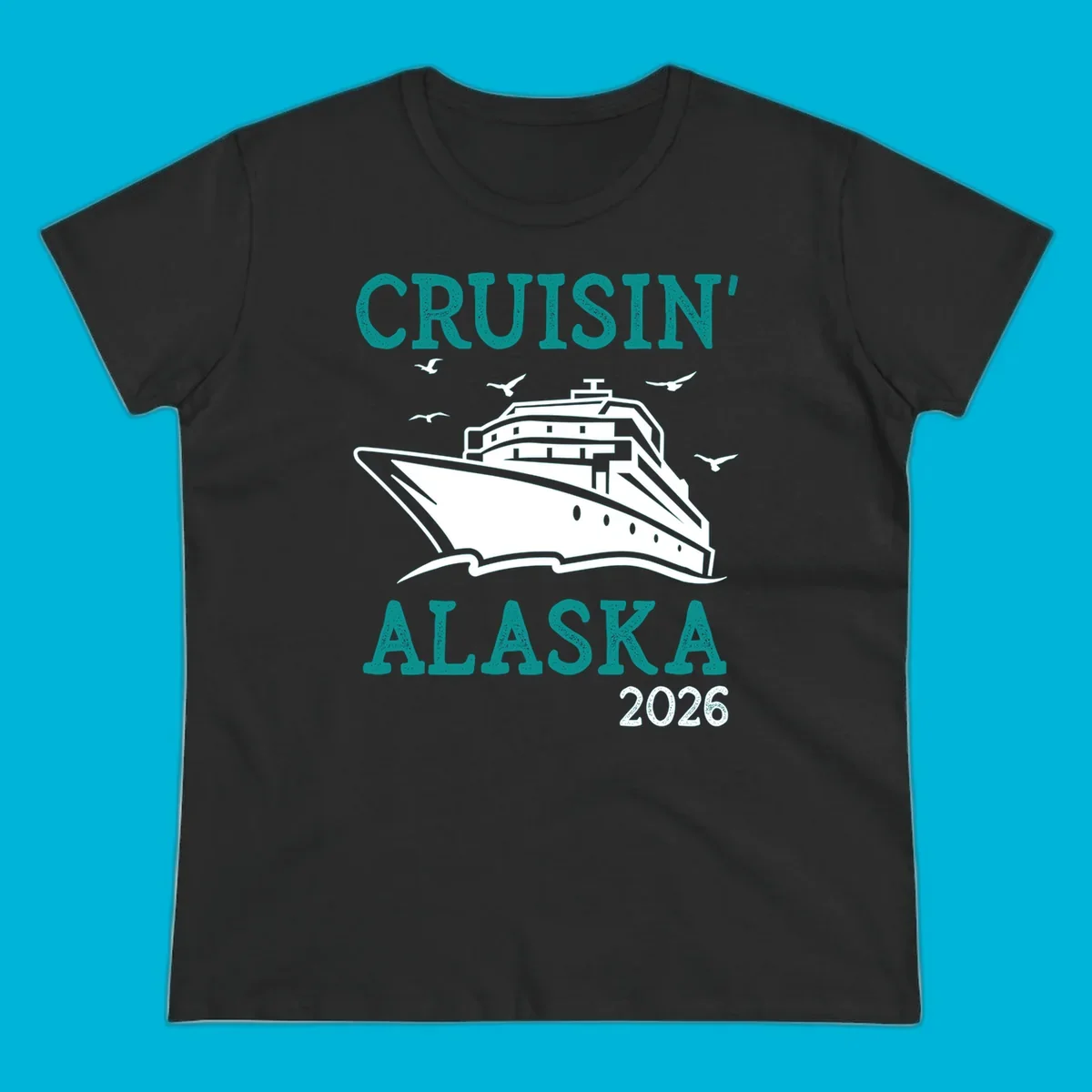 An illustrated cruise ship on ocean waves with seagulls and 'Cruisin' Alaska 2026' text, for a cruisin-alaska-2026-ship souvenir.
