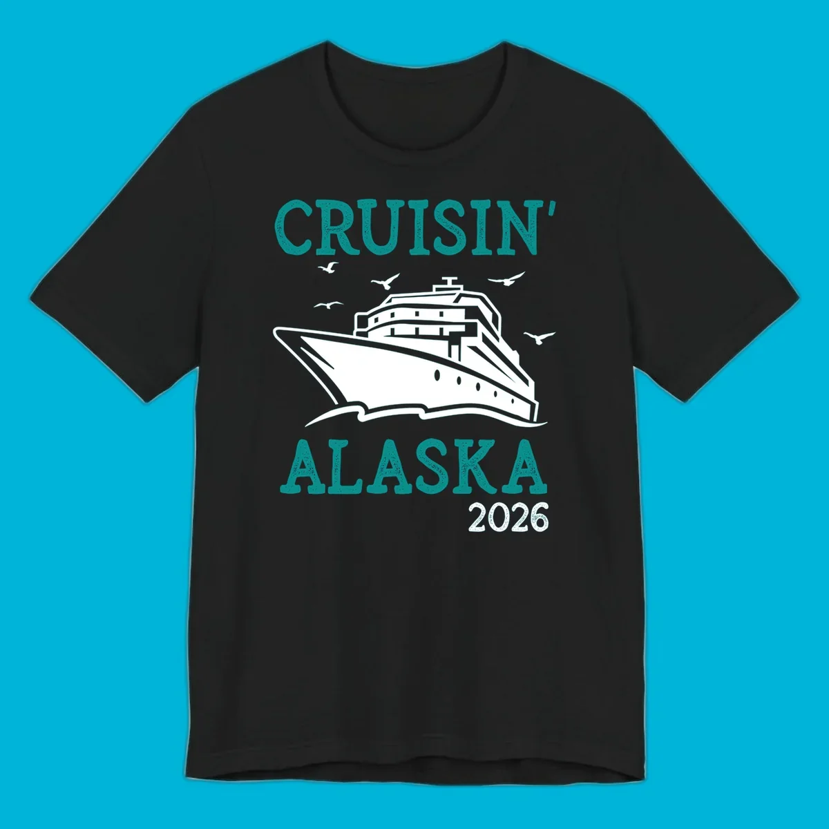 An illustrated cruise ship on ocean waves with seagulls and 'Cruisin' Alaska 2026' text, for a cruisin-alaska-2026-ship souvenir.