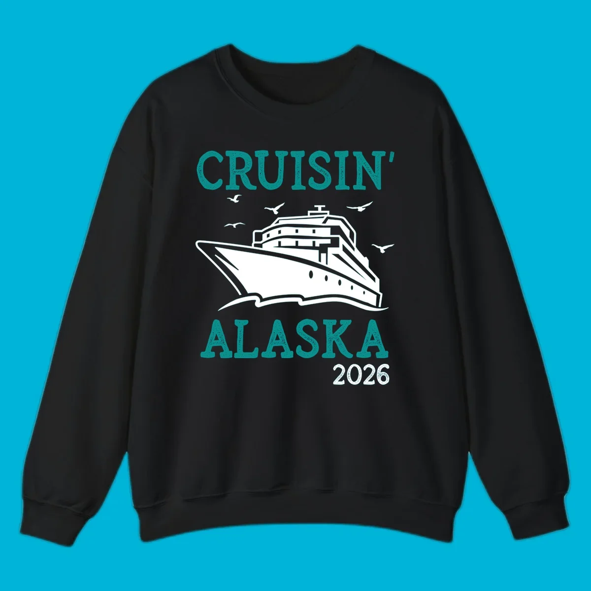 An illustrated cruise ship on ocean waves with seagulls and 'Cruisin' Alaska 2026' text, for a cruisin-alaska-2026-ship souvenir.