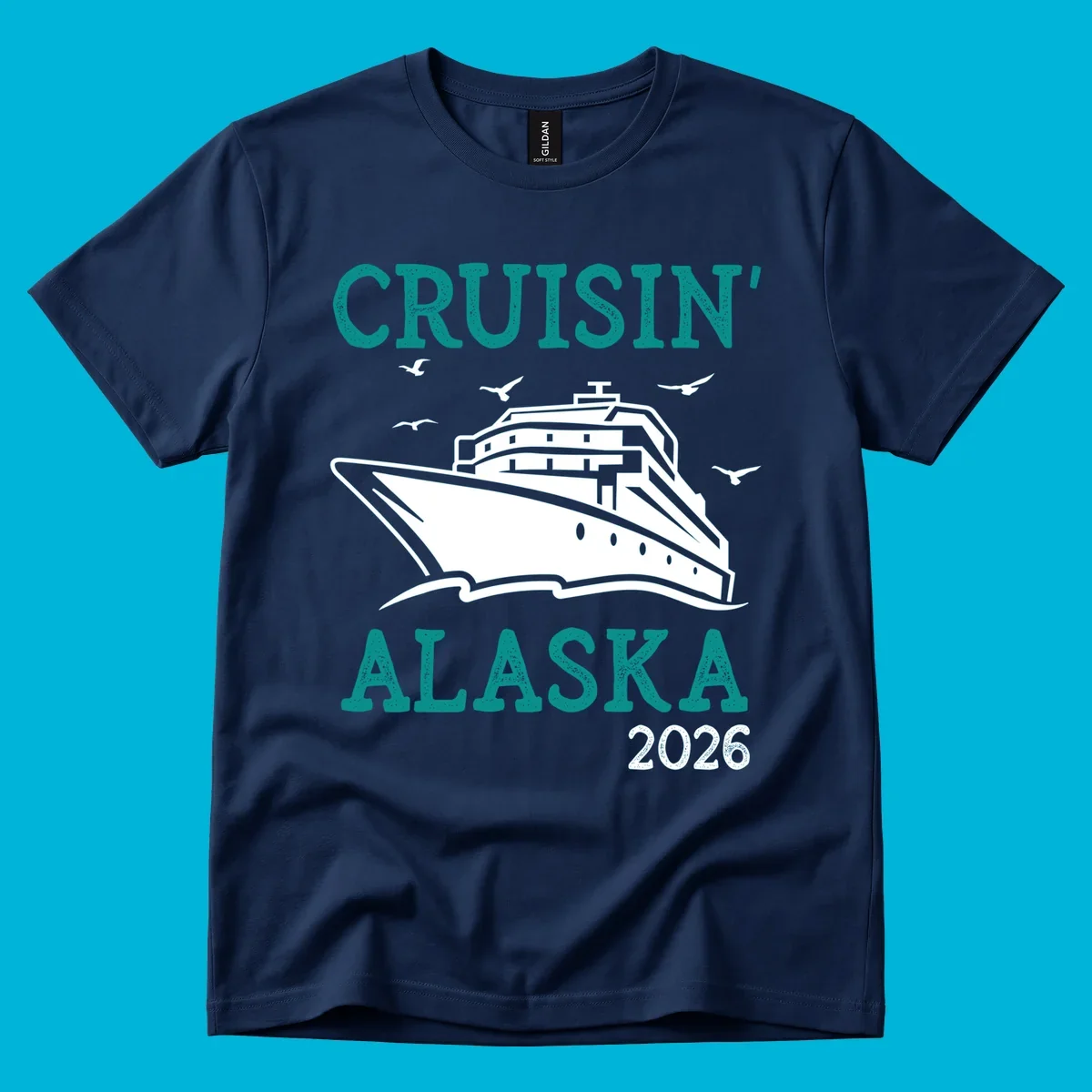 An illustrated cruise ship on ocean waves with seagulls and 'Cruisin' Alaska 2026' text, for a cruisin-alaska-2026-ship souvenir.