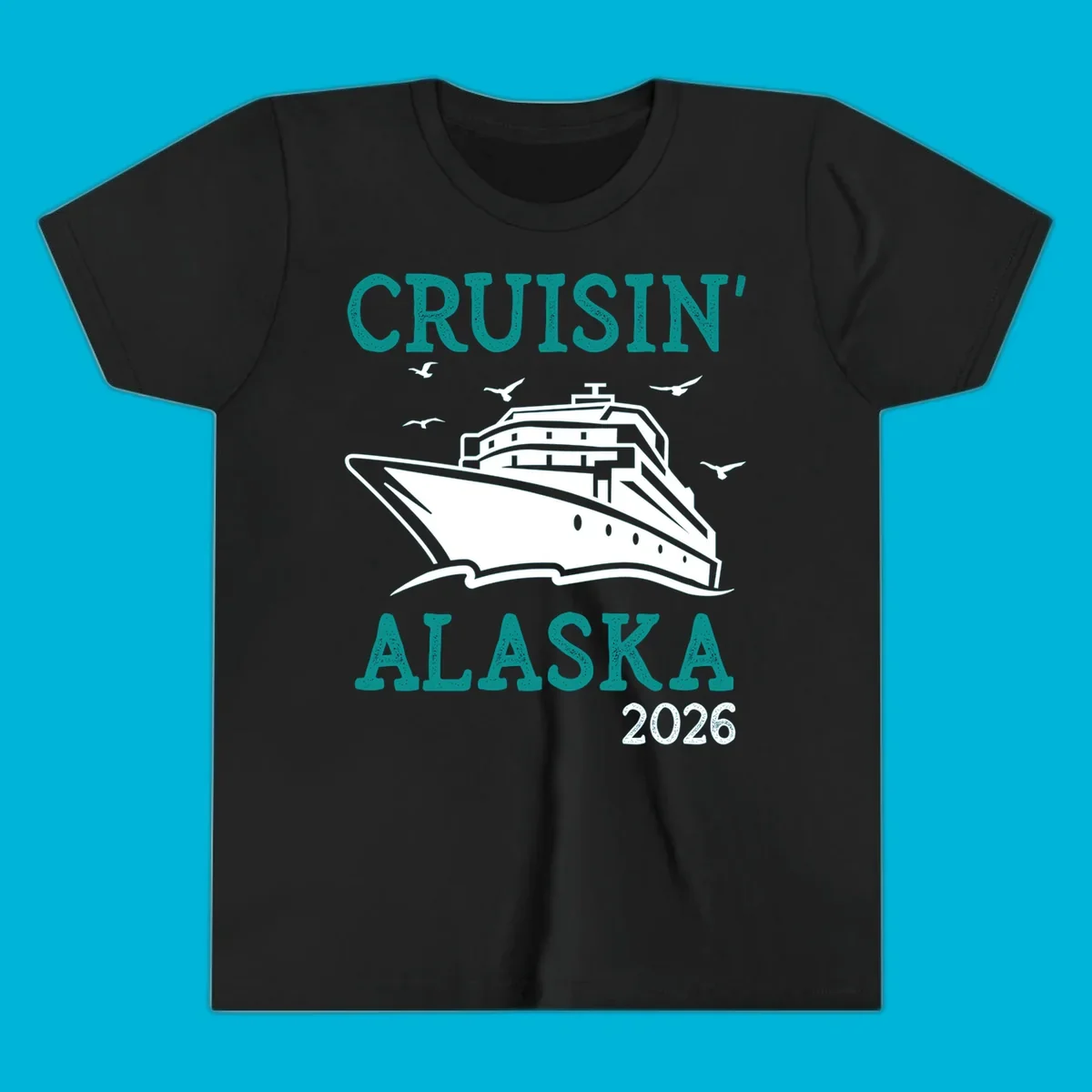 An illustrated cruise ship on ocean waves with seagulls and 'Cruisin' Alaska 2026' text, for a cruisin-alaska-2026-ship souvenir.