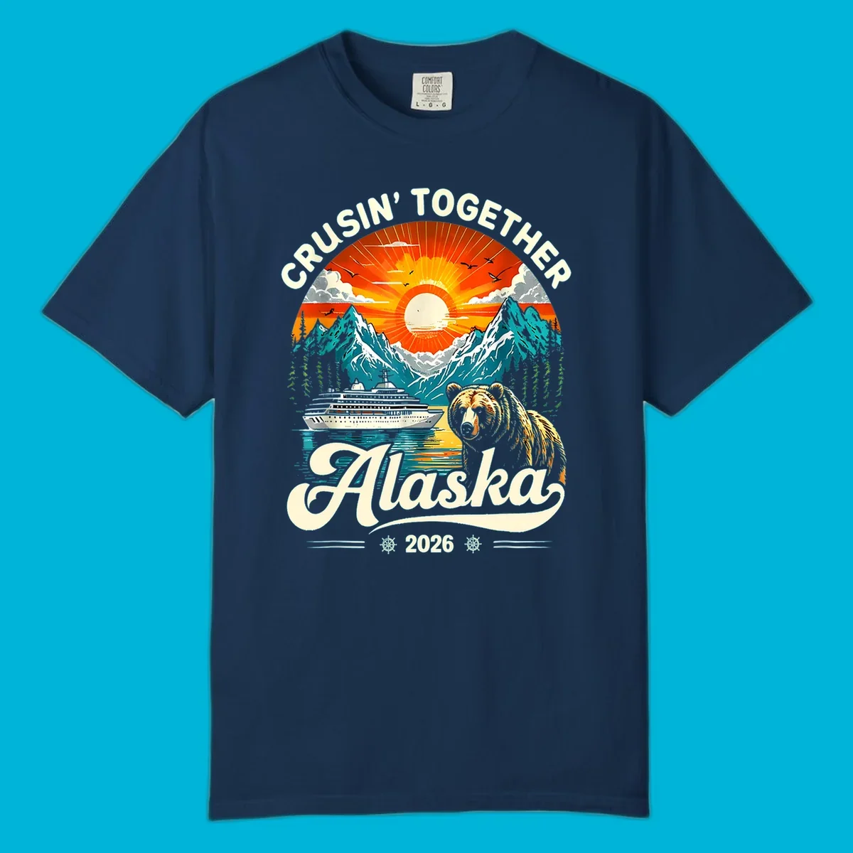 A vintage-style illustration of an Alaska cruise bear ship design with mountains, a cruise ship, a bear, and text.