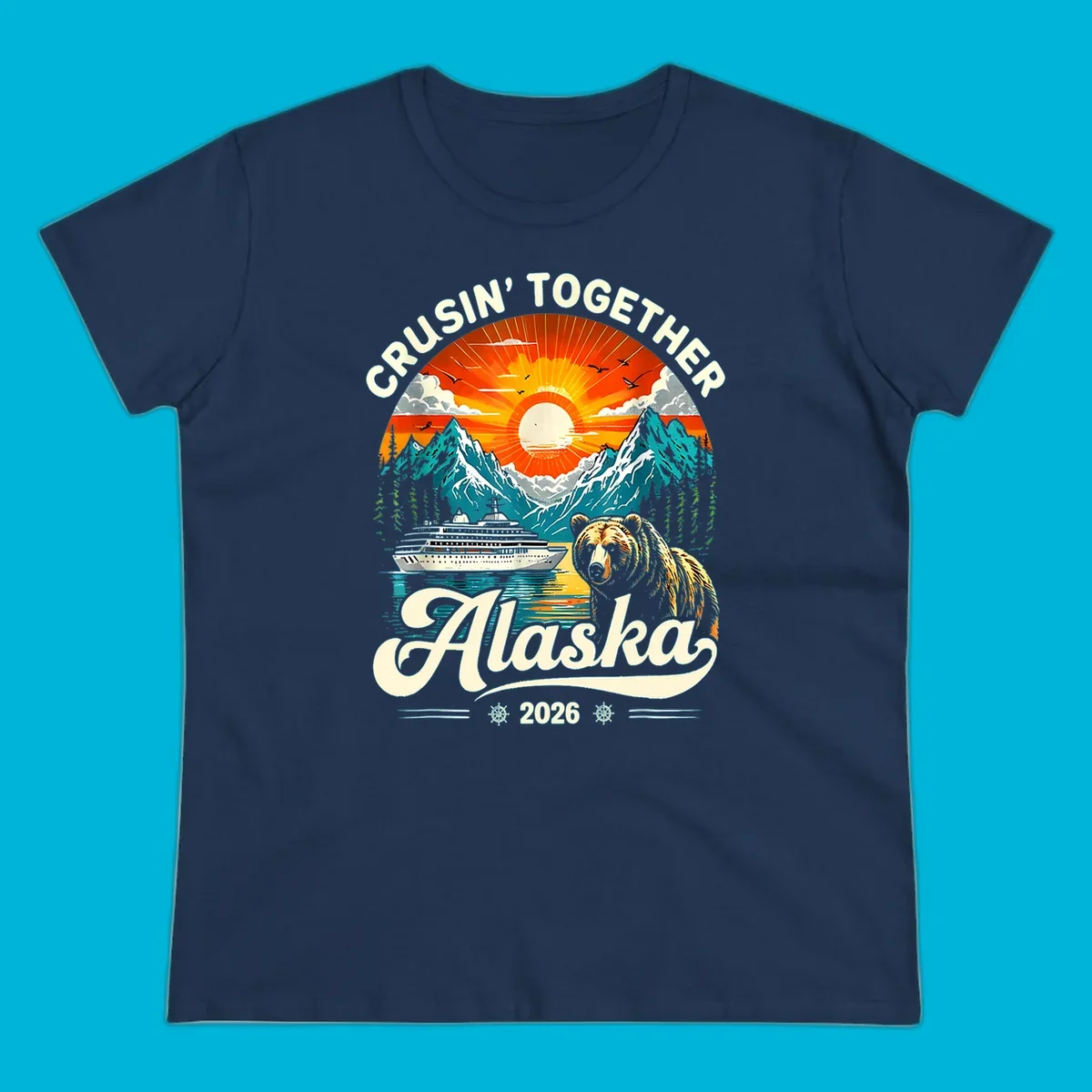 A vintage-style illustration of an Alaska cruise bear ship design with mountains, a cruise ship, a bear, and text.
