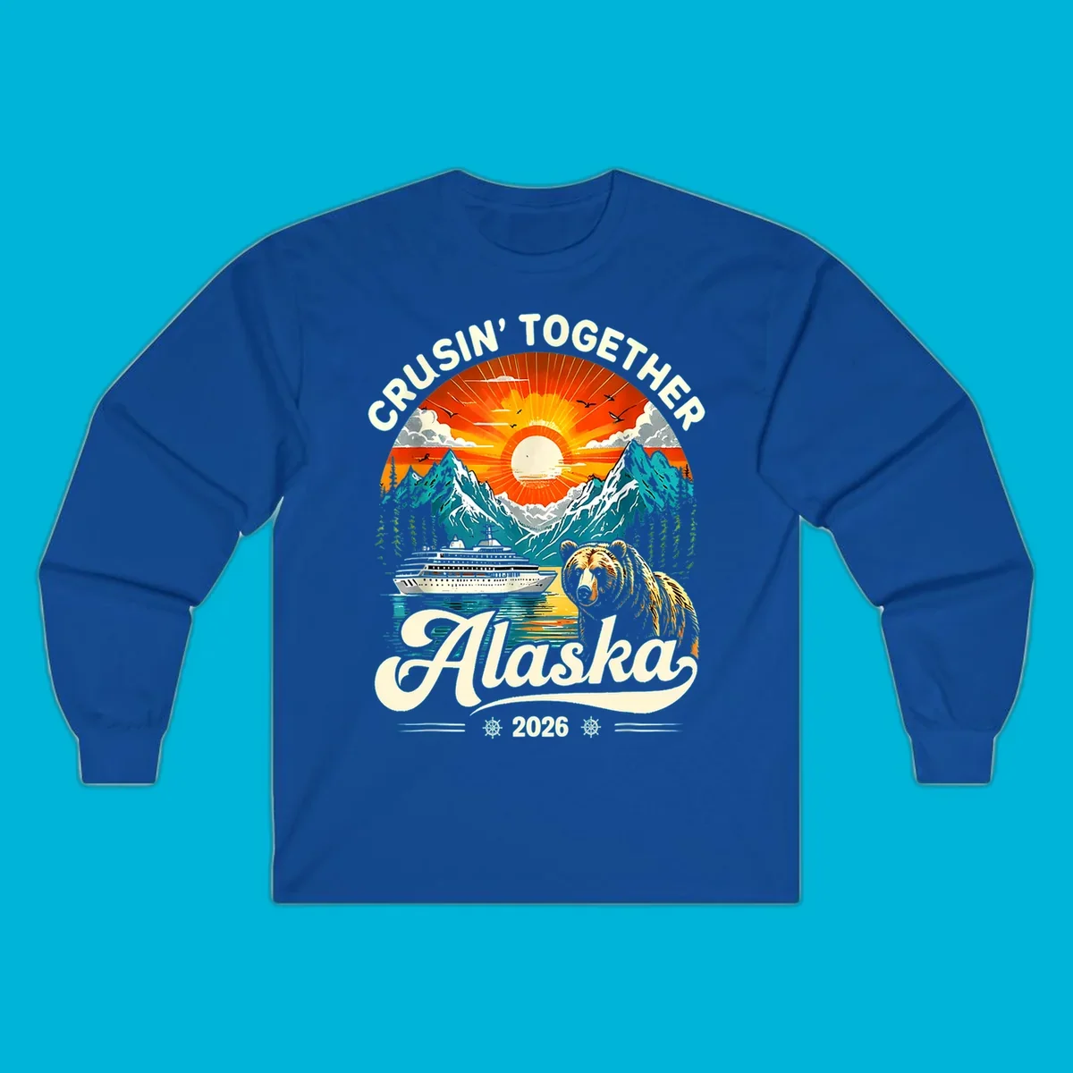 A vintage-style illustration of an Alaska cruise bear ship design with mountains, a cruise ship, a bear, and text.