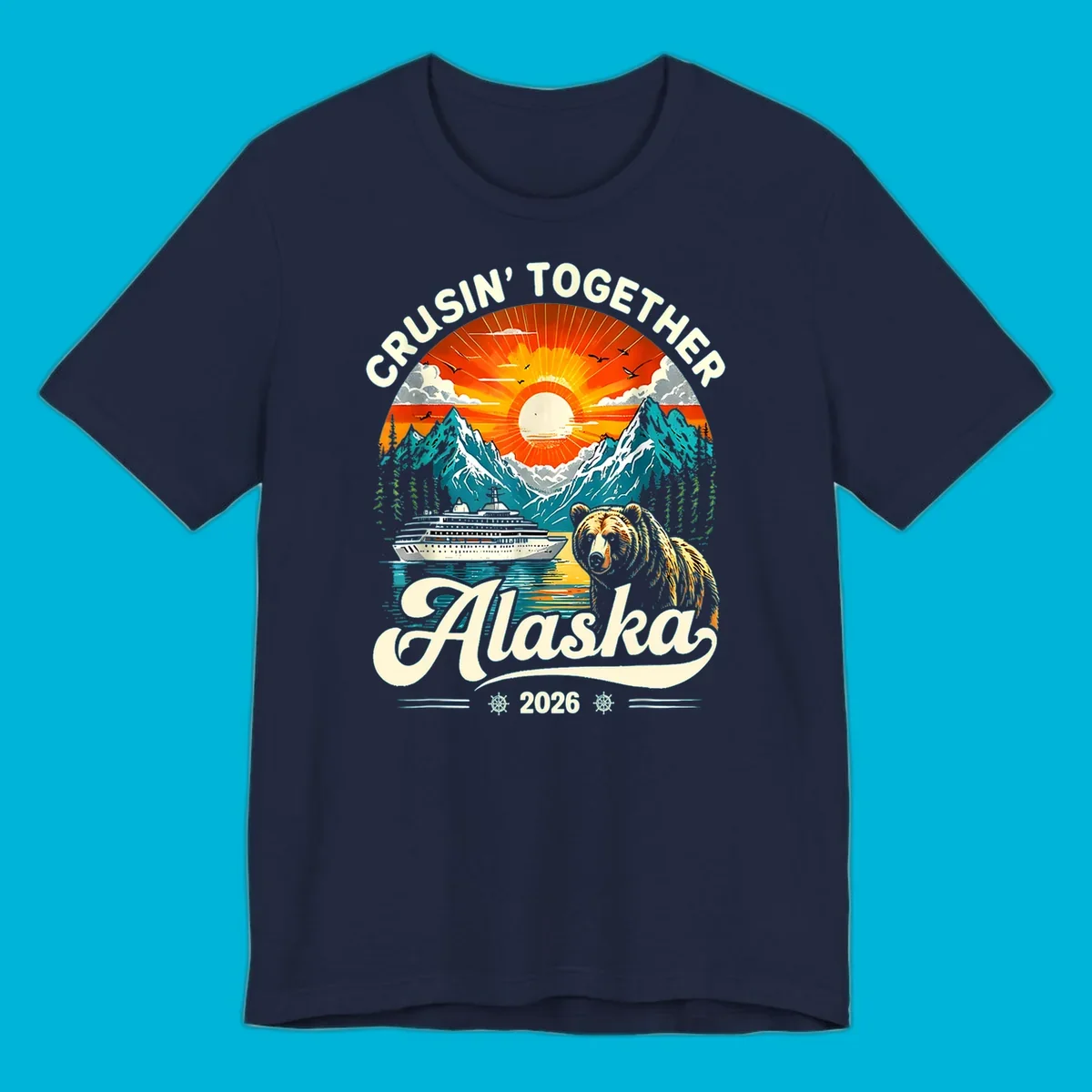 A vintage-style illustration of an Alaska cruise bear ship design with mountains, a cruise ship, a bear, and text.