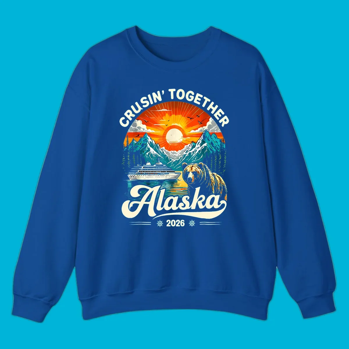 A vintage-style illustration of an Alaska cruise bear ship design with mountains, a cruise ship, a bear, and text.