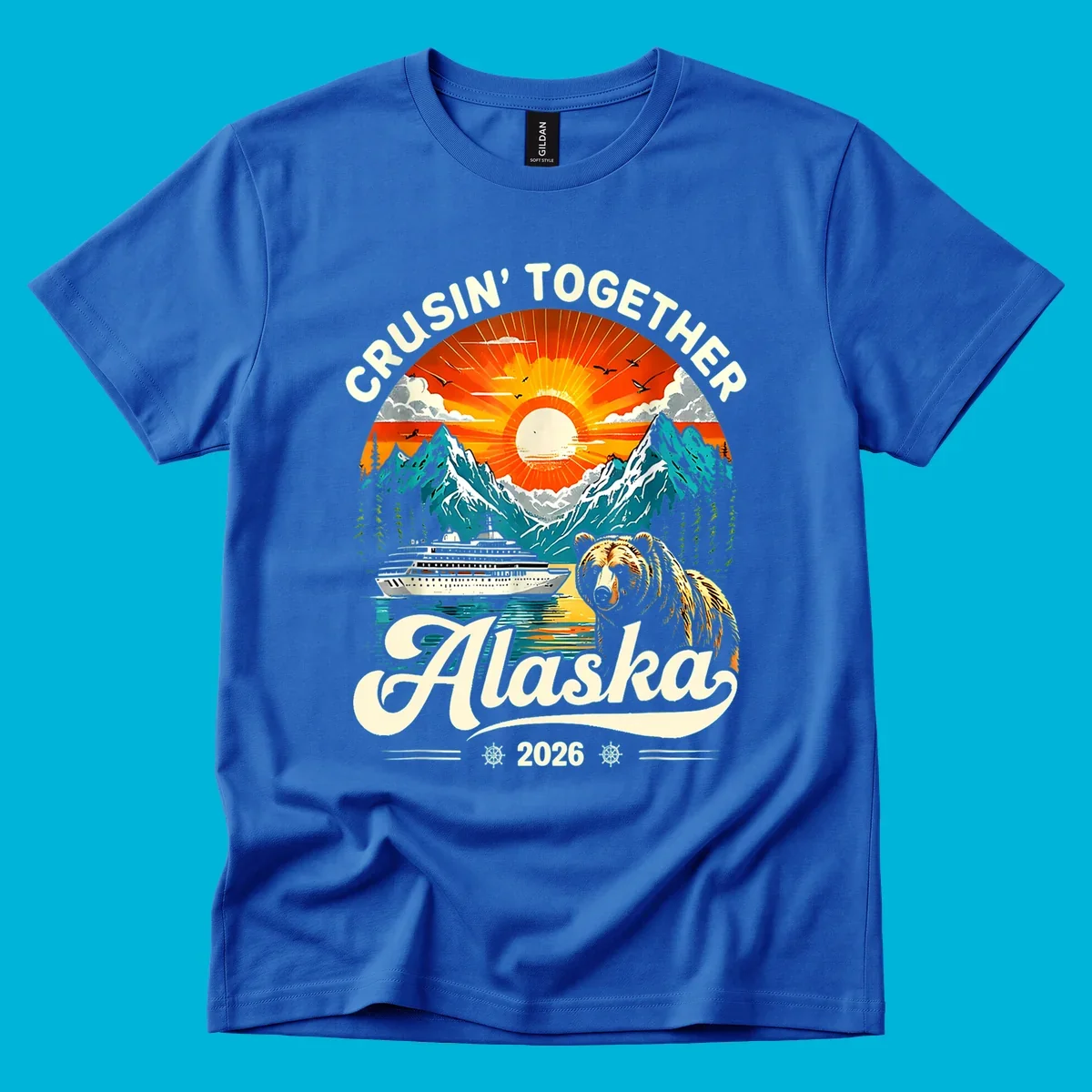 A vintage-style illustration of an Alaska cruise bear ship design with mountains, a cruise ship, a bear, and text.