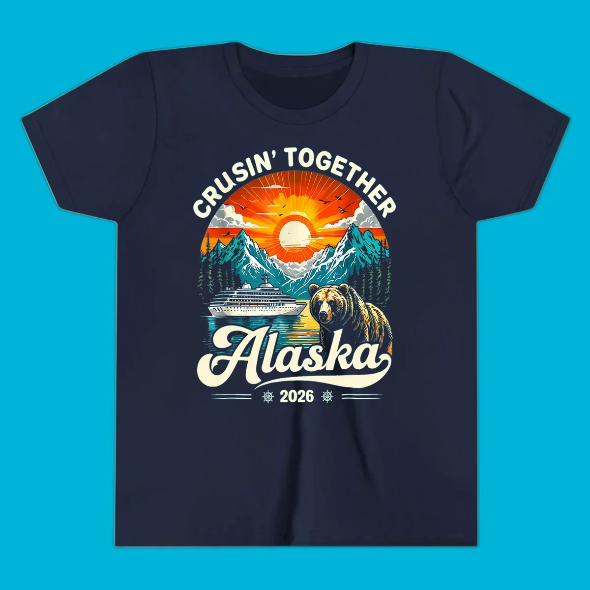 A vintage-style illustration of an Alaska cruise bear ship design with mountains, a cruise ship, a bear, and text.