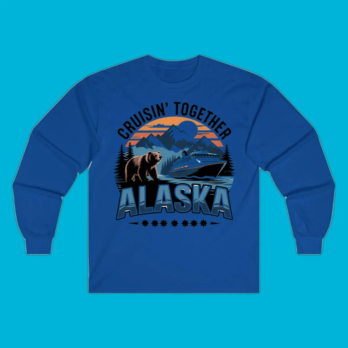 A vintage-style illustration of an alaska-cruise-bear-ship scene with mountains, trees, and a sunset, text "CRUISIN' TOGETHER ALASKA".