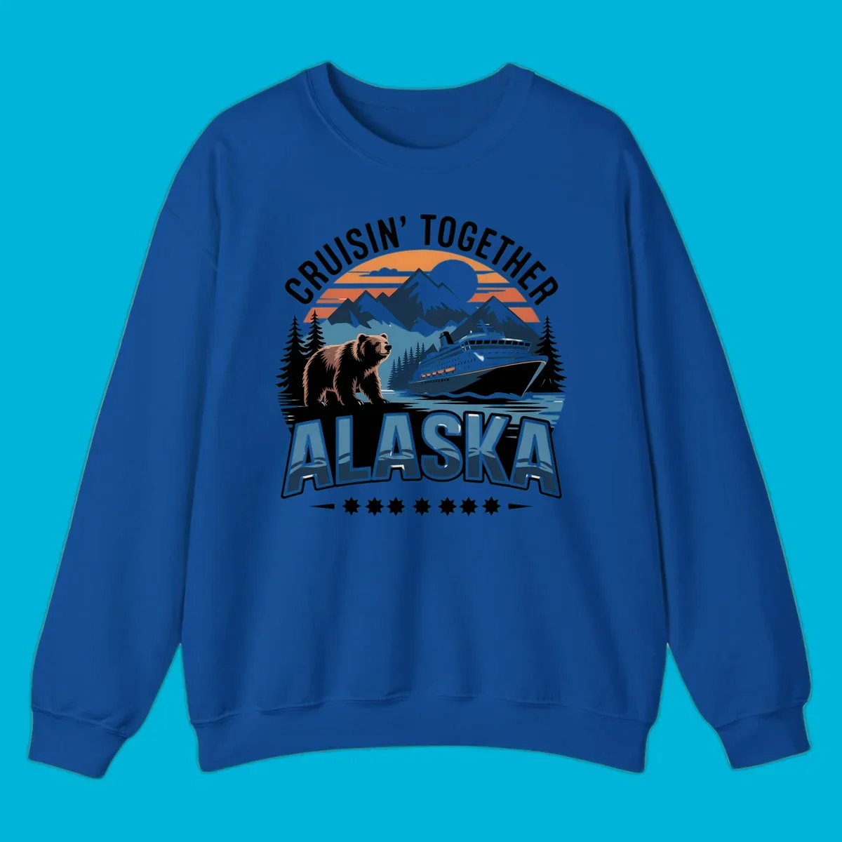 A vintage-style illustration of an alaska-cruise-bear-ship scene with mountains, trees, and a sunset, text "CRUISIN' TOGETHER ALASKA".