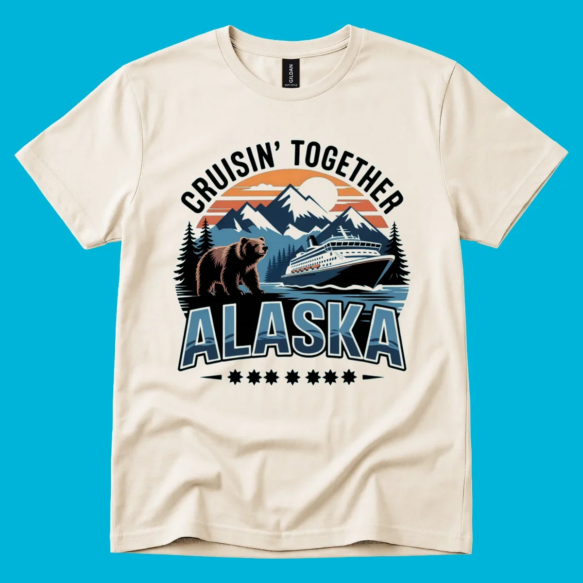 A vintage-style illustration of an alaska-cruise-bear-ship scene with mountains, trees, and a sunset, text "CRUISIN' TOGETHER ALASKA".