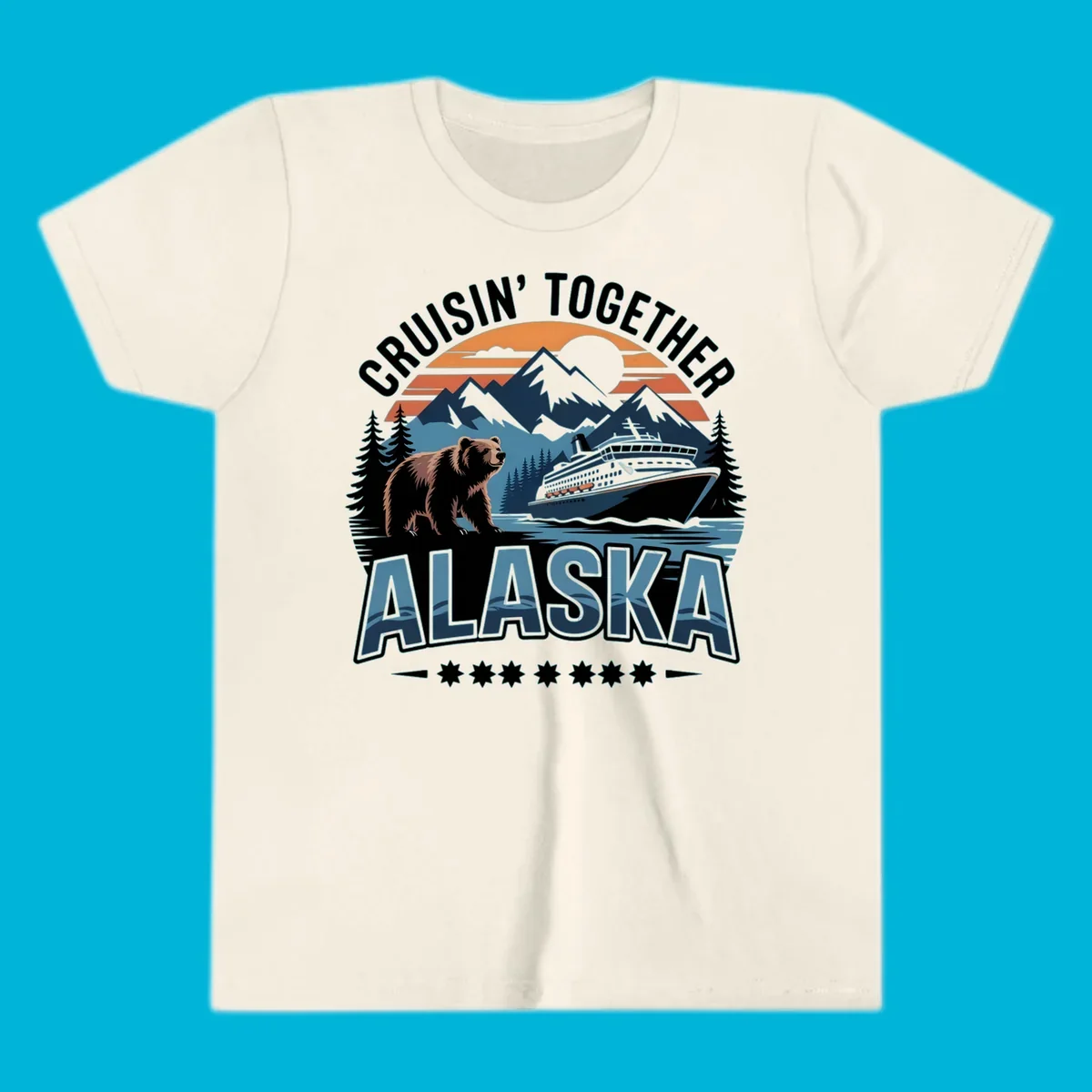 A vintage-style illustration of an alaska-cruise-bear-ship scene with mountains, trees, and a sunset, text "CRUISIN' TOGETHER ALASKA".