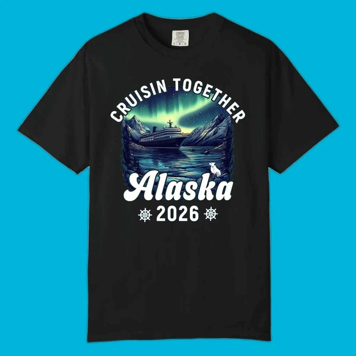 An illustrated scenic design for a cruisin together alaska 2026 cruise, showing a ship, mountains, northern lights, and a white fox.