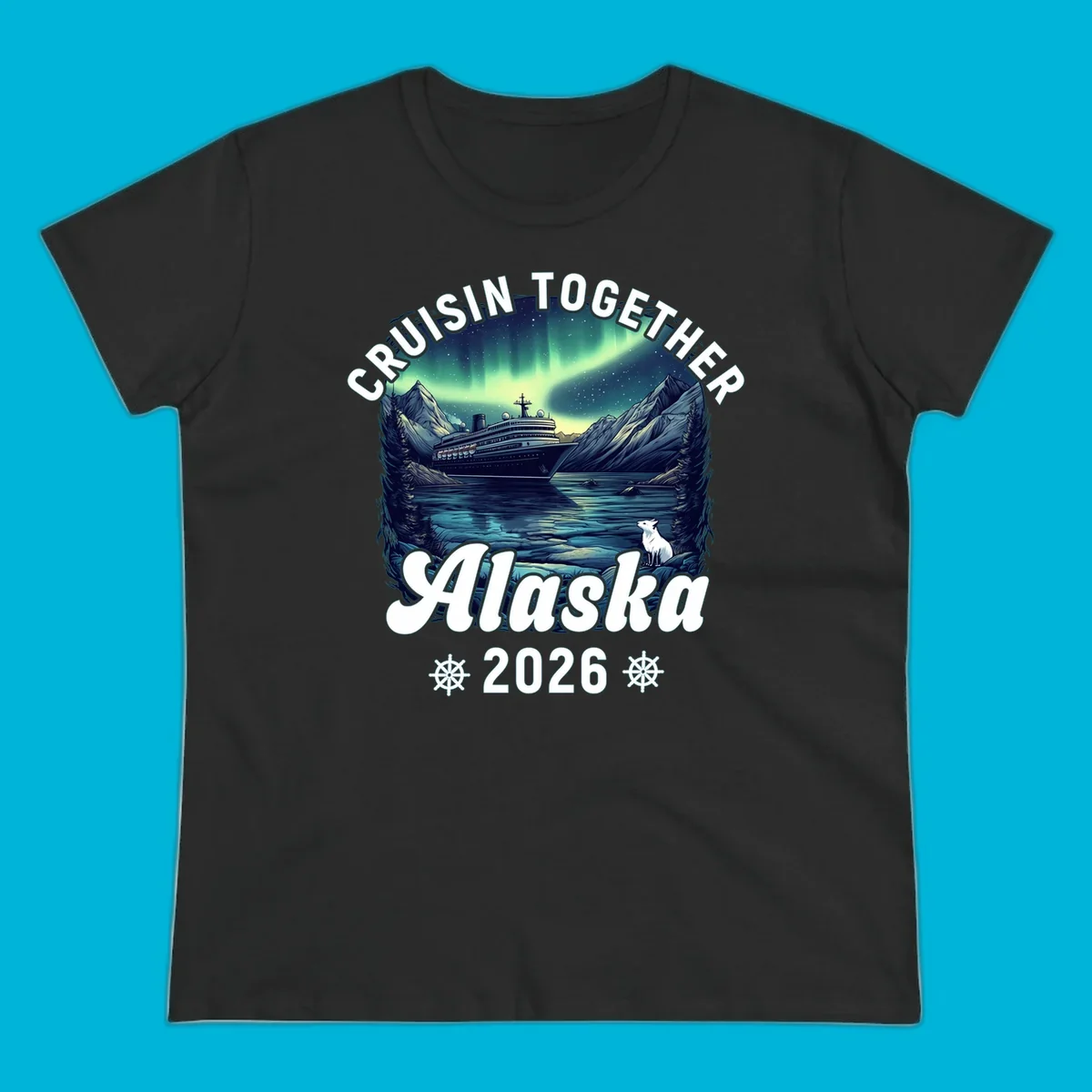 An illustrated scenic design for a cruisin together alaska 2026 cruise, showing a ship, mountains, northern lights, and a white fox.