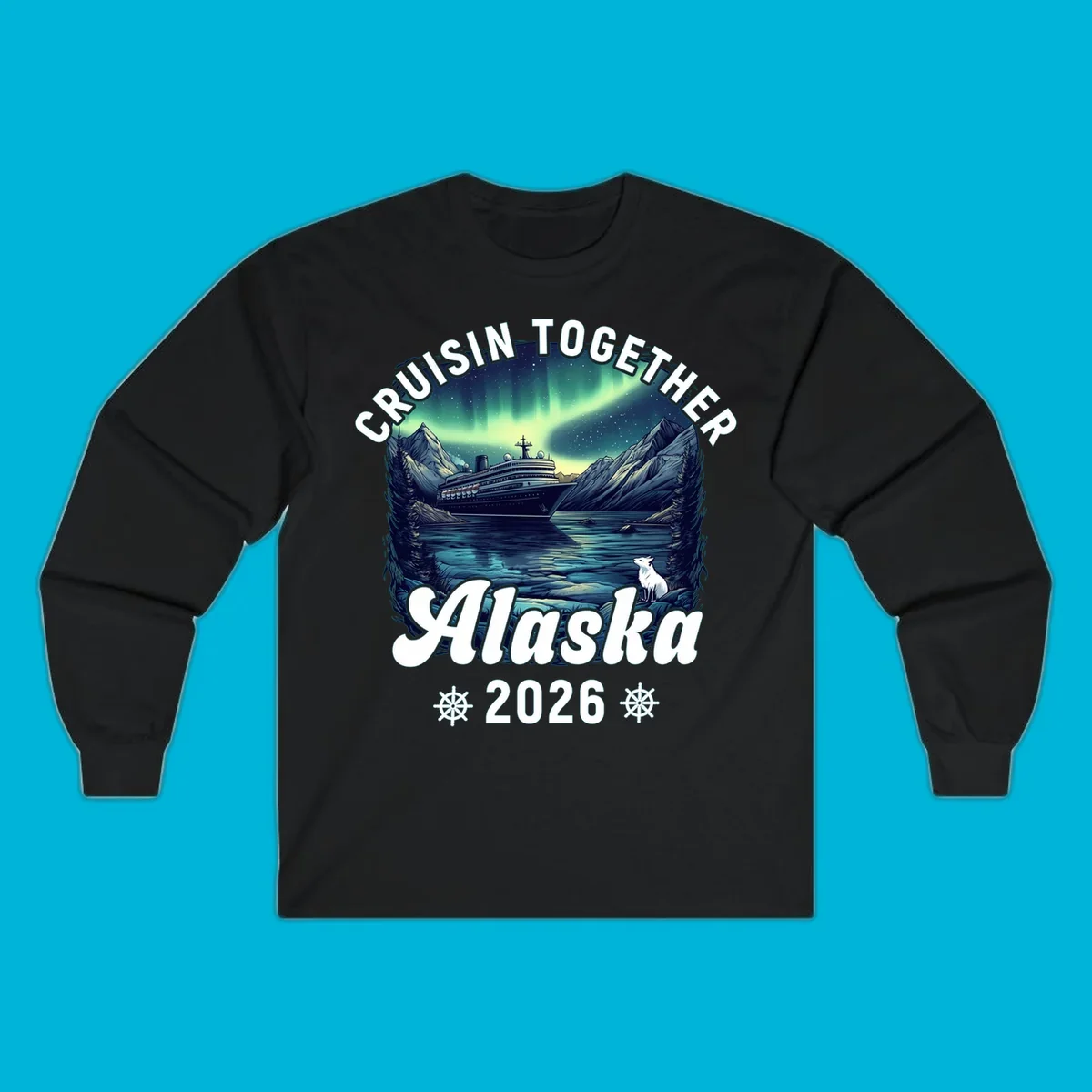 An illustrated scenic design for a cruisin together alaska 2026 cruise, showing a ship, mountains, northern lights, and a white fox.