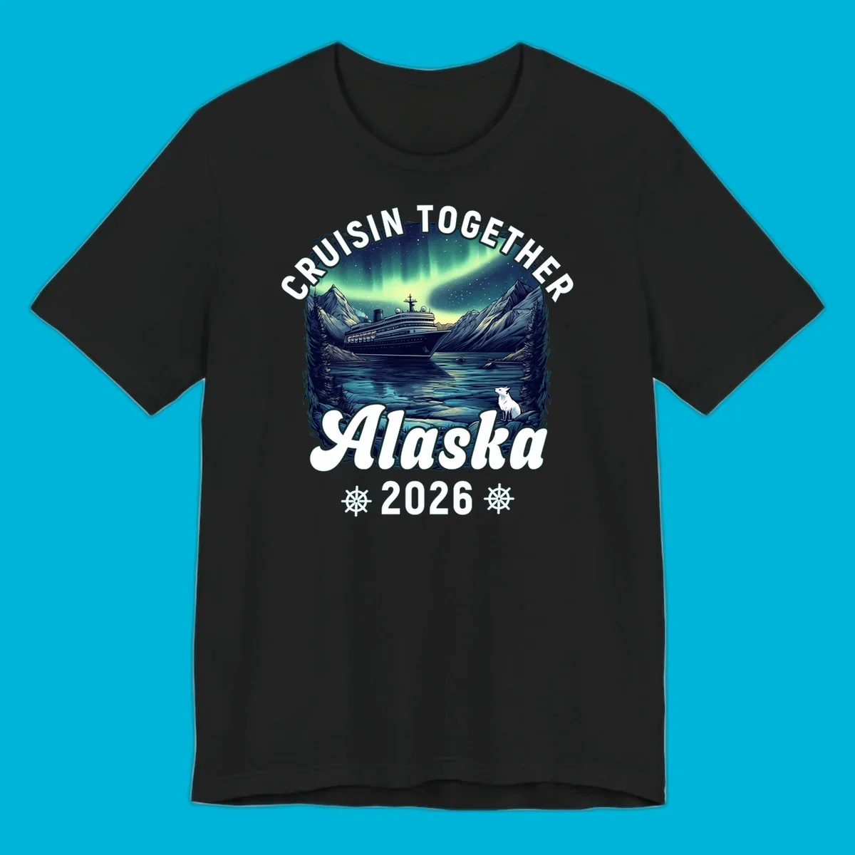 An illustrated scenic design for a cruisin together alaska 2026 cruise, showing a ship, mountains, northern lights, and a white fox.