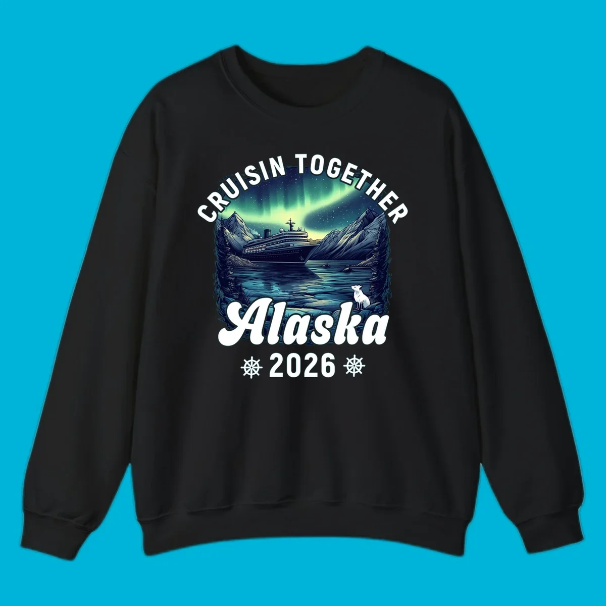 An illustrated scenic design for a cruisin together alaska 2026 cruise, showing a ship, mountains, northern lights, and a white fox.