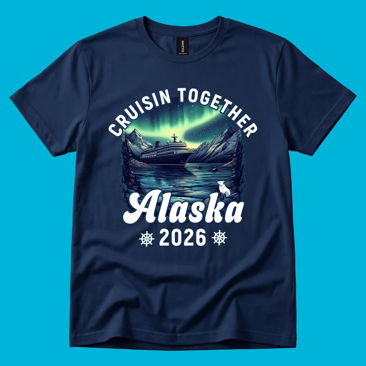 An illustrated scenic design for a cruisin together alaska 2026 cruise, showing a ship, mountains, northern lights, and a white fox.