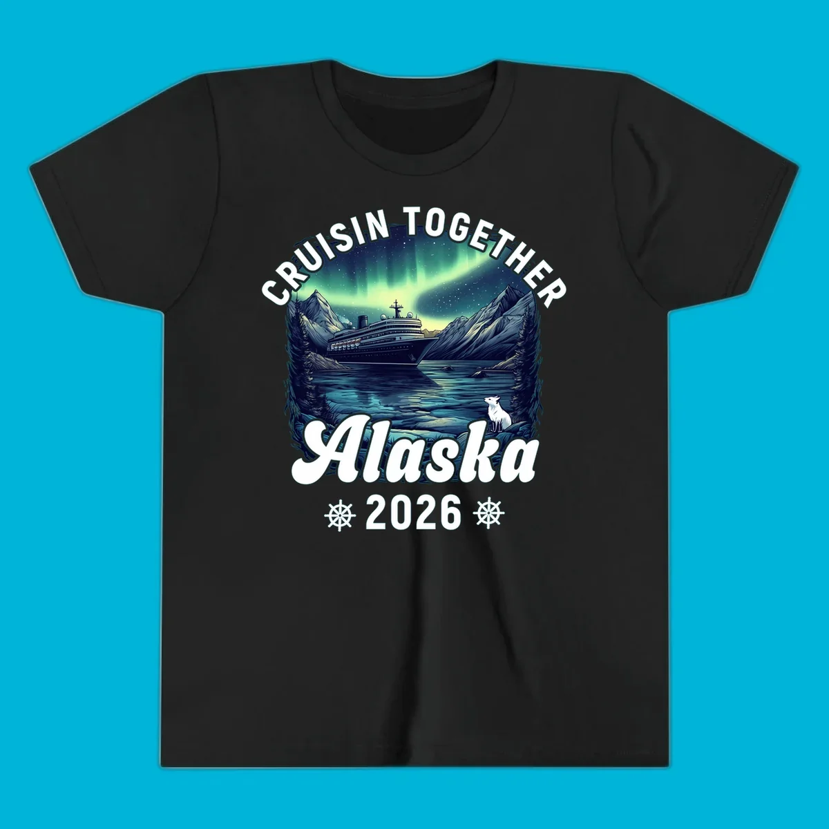 An illustrated scenic design for a cruisin together alaska 2026 cruise, showing a ship, mountains, northern lights, and a white fox.