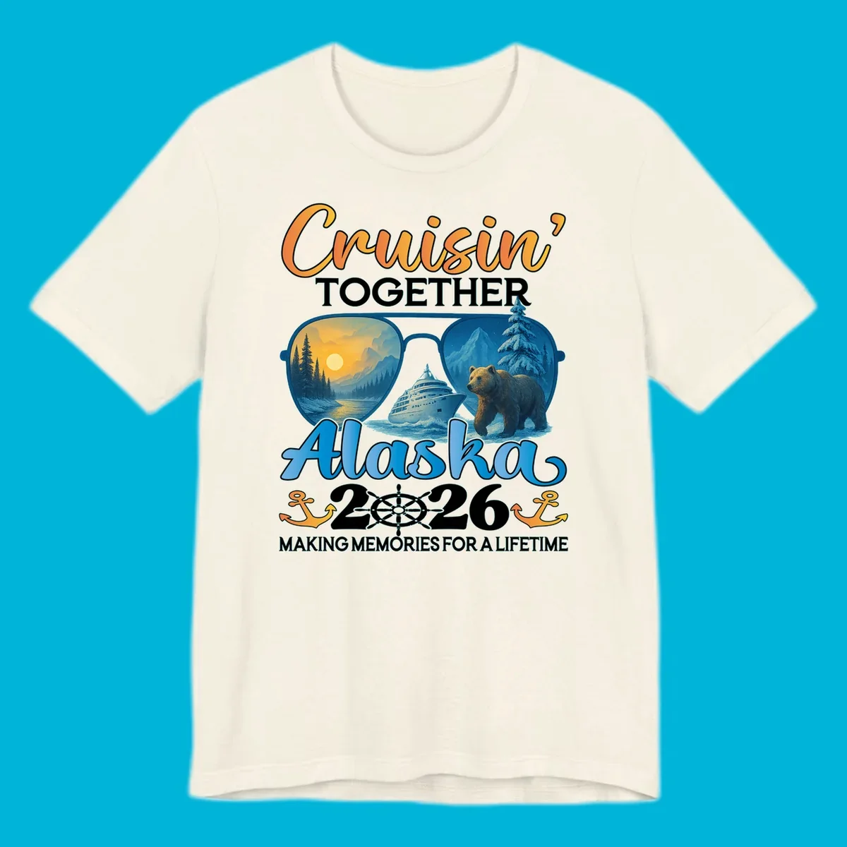 An illustrated design for an Alaska 2026 cruise featuring sunglasses reflecting a sunset and a bear with a cruise ship, along with "Cruisin' TOGETHER Alaska 2026" text.